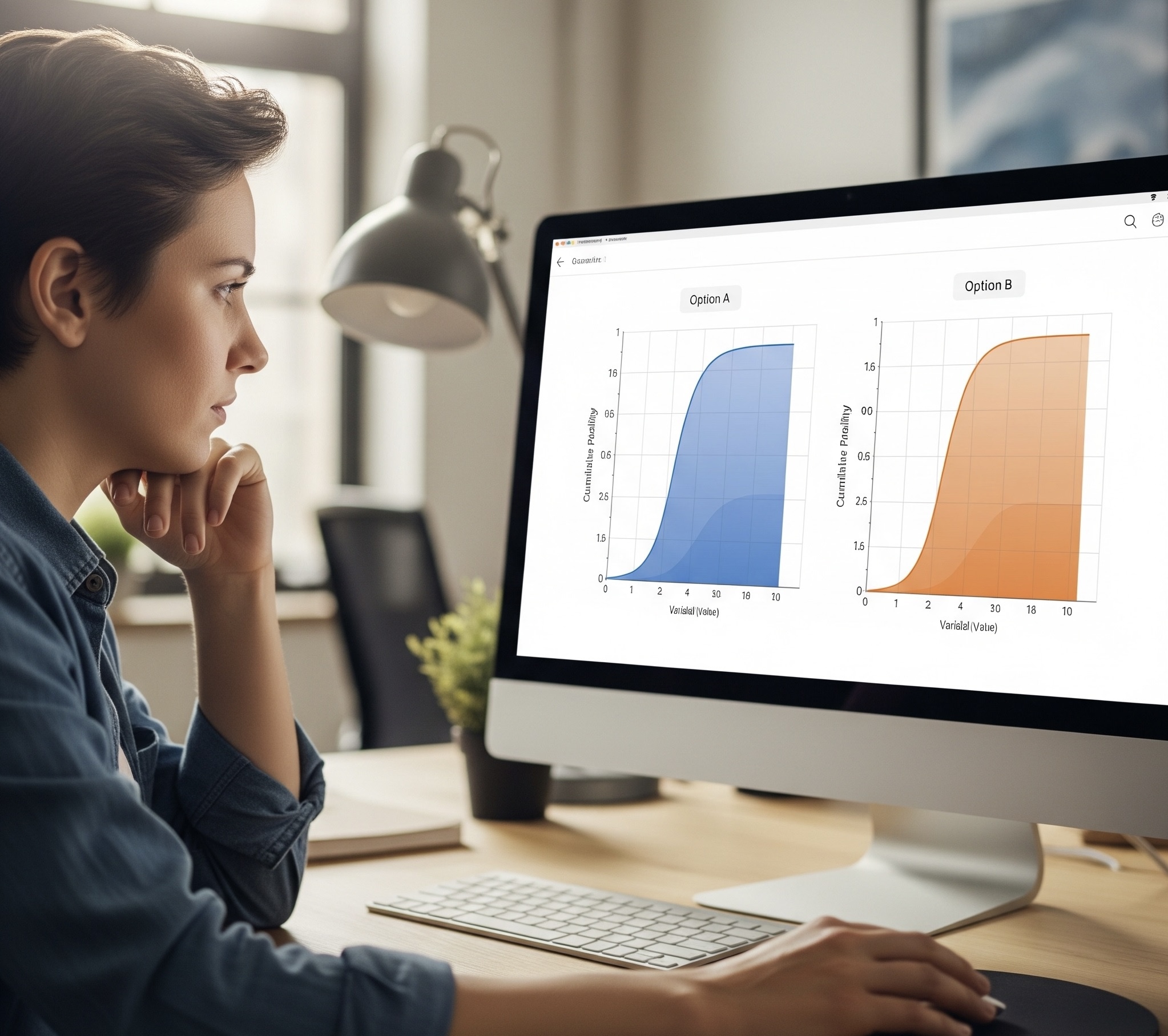A lady looking at Monte Carlo simulation outputs to make a decision. 