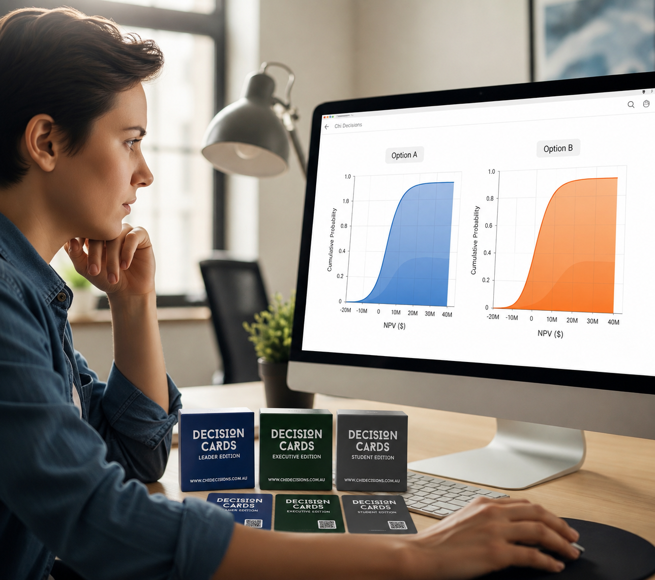 A lady looking at Monte Carlo simulation outputs to make a decision. 